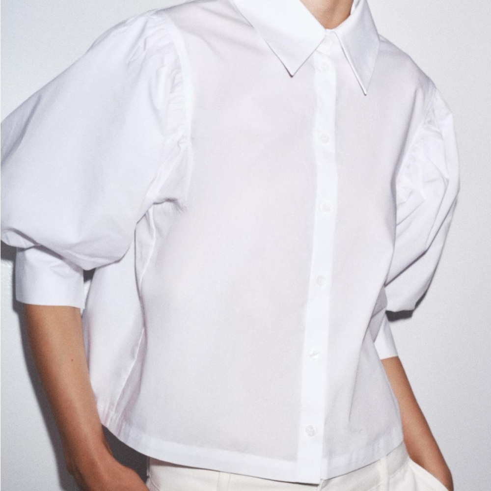 Zara White Puff Sleeve Dress Shirt